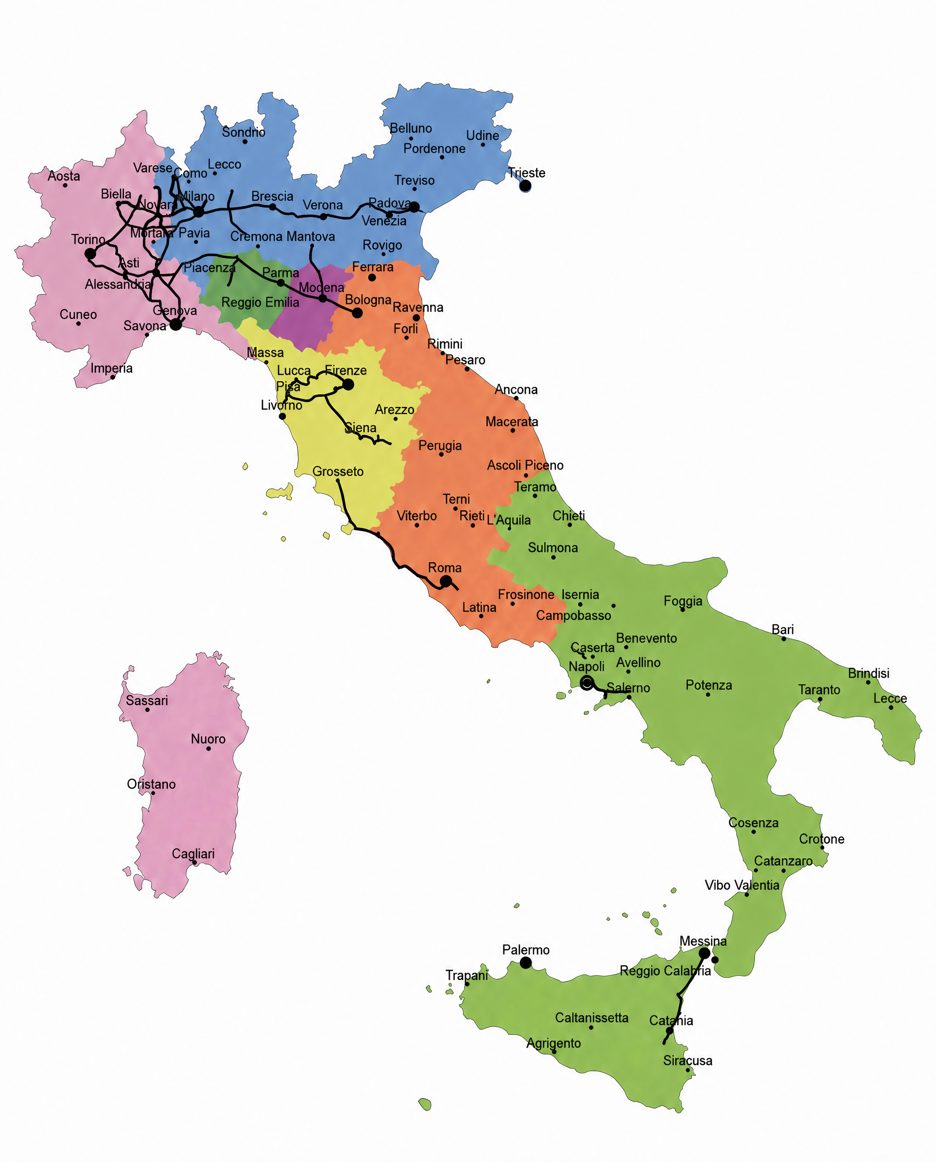 L'immagine mostra la cartina dell'Italia con le linee ferroviarie italiane nel 1861. 
Le principali città della pianura padana sono collegate tra loro, ma nel resto del paese le connessioni ferroviarie sono frammentate e scarse.